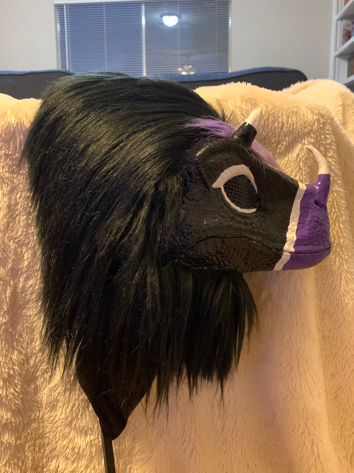 Black and purple furred dino mask | Etsy