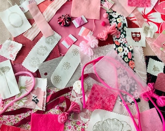 75 piece pink slow stitching supplies, sewing and embroidery craft pack, fabric collage pack