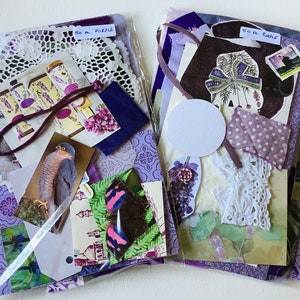 Kit de inspiración para diario basura en morado y lila, paquete de 25, 50 o 100, material para manualidades, scrapbooking, collage de papel y tela, juego de libros con pegamento