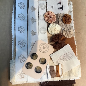 Neutral Slow Stitching Kit: Vintage Fabrics, Lace, Buttons - 60 pc