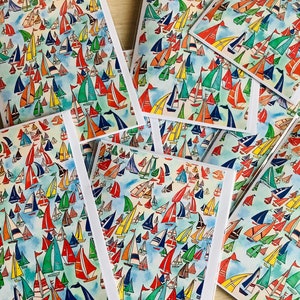 Biglietto di auguri vuoto fatto a mano, barche a vela, regata, da acquerello originale, biglietto dipinto a mano, festa del papà, biglietti da uomo