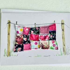 Handmade watercolour and fabric greeting card - washing line mini quilts, hand stitched fabrics, mixed media, sewing theme cards