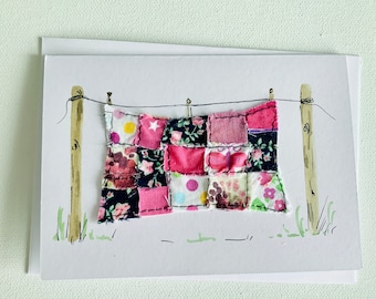 Handmade watercolour and fabric greeting card - washing line quilts, recycled fabrics, mixed media, sewing theme cards