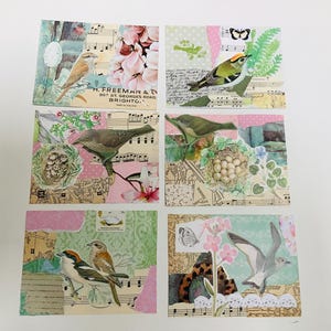 6 cartes postales de printemps collées vintage faites à la main, cartes de journal, conception d'oiseau, fabriquées à la main