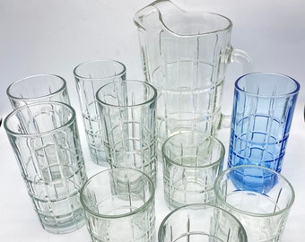 Anchor Hocking Blue or Clear Tartan Glasses Tumblers Water Glasses Pitcher Highballs Lowballs Barware