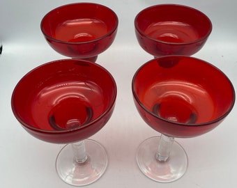 Vintage Red Blown Glass Margarita Glasses, Set of 4