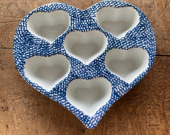 Vintage Blue Sponge Heart Shaped Muffin Pan Ceramic 6 Muffins