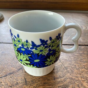 Vintage Stackable Coffee Mug Green and Blue Flowers Flower Power