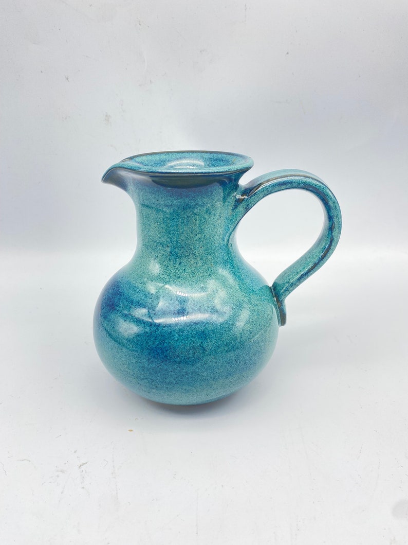 Vintage Handmade Blue Ceramic Pitcher 16 Oz. Signed - Etsy