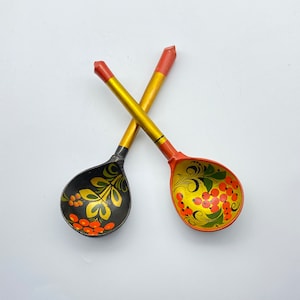2 Wooden Spoons Russian Folk Art Khokhloma Lacquerware
