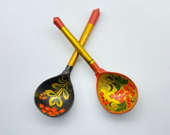 2 Wooden Spoons Russian Folk Art Khokhloma Lacquerware