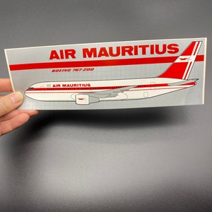 Air Mauritius Boeing 767-200 / ER Plane Advertisement Sticker Decal Vintage 1980s Red/Silver Background