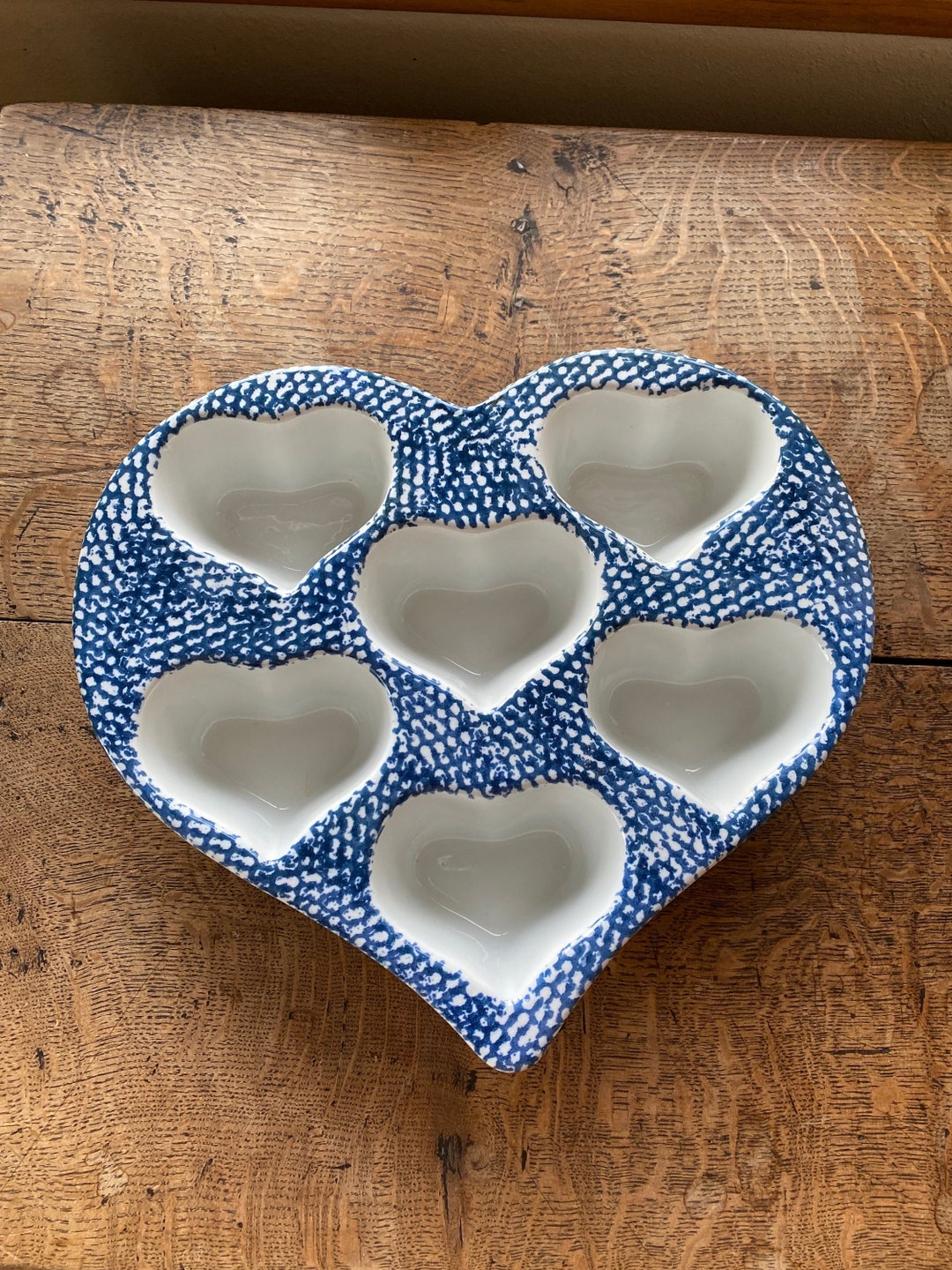 Vintage Blue Sponge Heart Shaped Muffin Pan Ceramic 6 Muffins Etsy