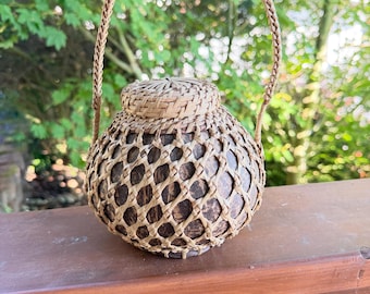 Hand Woven Coconut Shell Basket with Lid and Woven Handle Vintage Tropical Folk Art