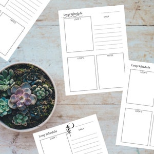 May include: Four printable loop schedule templates with a floral and nature theme. Each template has sections for daily tasks, loop 1, loop 2, and notes.