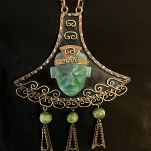 Vintage Green Onyx Mayan warrior abstract piece set in brass and copper