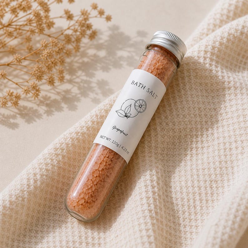 May include: A clear glass tube filled with pink bath salts, labeled "BATH SALT" with a grapefruit illustration. The tube is capped with a silver lid and rests on a cream-colored, textured fabric. Net weight: 4.23 oz.