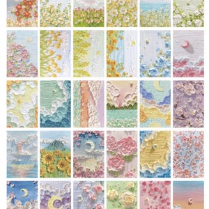 May include: A collection of 30 rectangular art prints featuring textured, impasto-style paintings. Each print showcases a unique landscape with flowers, clouds, moons, and various color palettes including pinks, blues, yellows, and greens. The artwork evokes a dreamy, whimsical aesthetic.