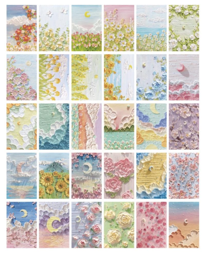 May include: A collection of 30 rectangular art prints featuring textured, impasto-style paintings. Each print showcases a unique landscape with flowers, clouds, moons, and various color palettes including pinks, blues, yellows, and greens. The artwork evokes a dreamy, whimsical aesthetic.