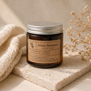 May include: Aroma Sensation scented candle in a brown glass jar with a silver lid. The label includes text about relaxation and a floral design. The candle is 3.8 oz.