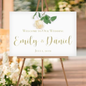 Wedding Welcome Sign, White Watercolor Rose Wedding Sign, Custom and Personalized Wedding Sign