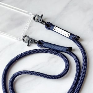 Chaîne pour téléphone portable bleue "Marine" avec mousqueton noir et étui pour téléphone portable à ventouse, sangle interchangeable