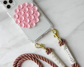 Chaîne pour téléphone portable rose rouille avec mousqueton doré et étui pour téléphone portable à ventouse, sangle interchangeable