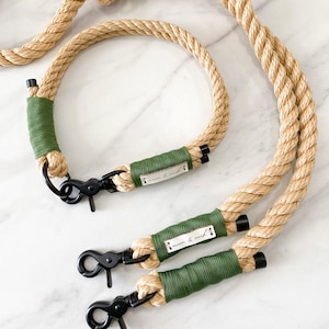 Conjunto coleira/trela bege “Trigo” com envoltório verde escuro e mosquetão preto - vários tamanhos