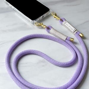 Purple mobile phone chain interchangeable strap with gold carabiner and matching mobile phone case with eyelets transparent for iPhone, Samsung, Xiaomi, Huawei, Google