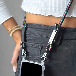 Chaîne de téléphone portable des années 80 avec mousqueton noir - avec et sans étui pour Samsung, Aplle iPhone, Huawei, Xiaomi, Google