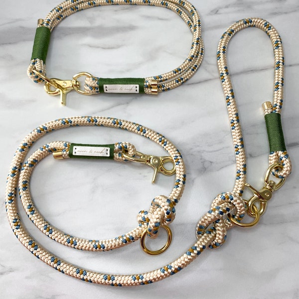 Dog collar/leash/tauhalsband/Tauleine Set "Aloha" with green wrap and gold carabiner