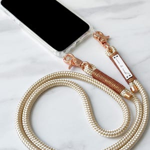 Handykette Wechselband mit roségold Karabiner und Bronze Glitzer mit Handyhülle iPhone, Samsung, Huawei, Google, Xiaomi