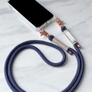 Chaîne de téléphone portable bleue avec mousqueton en or rose, cordon interchangeable avec étui de téléphone portable assorti avec œillets pour Apple, Huawei, Xiaomi, Google, Samsung