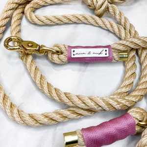 Beige dog leash with pink wrap and gold snap hook - various sizes large small dogs