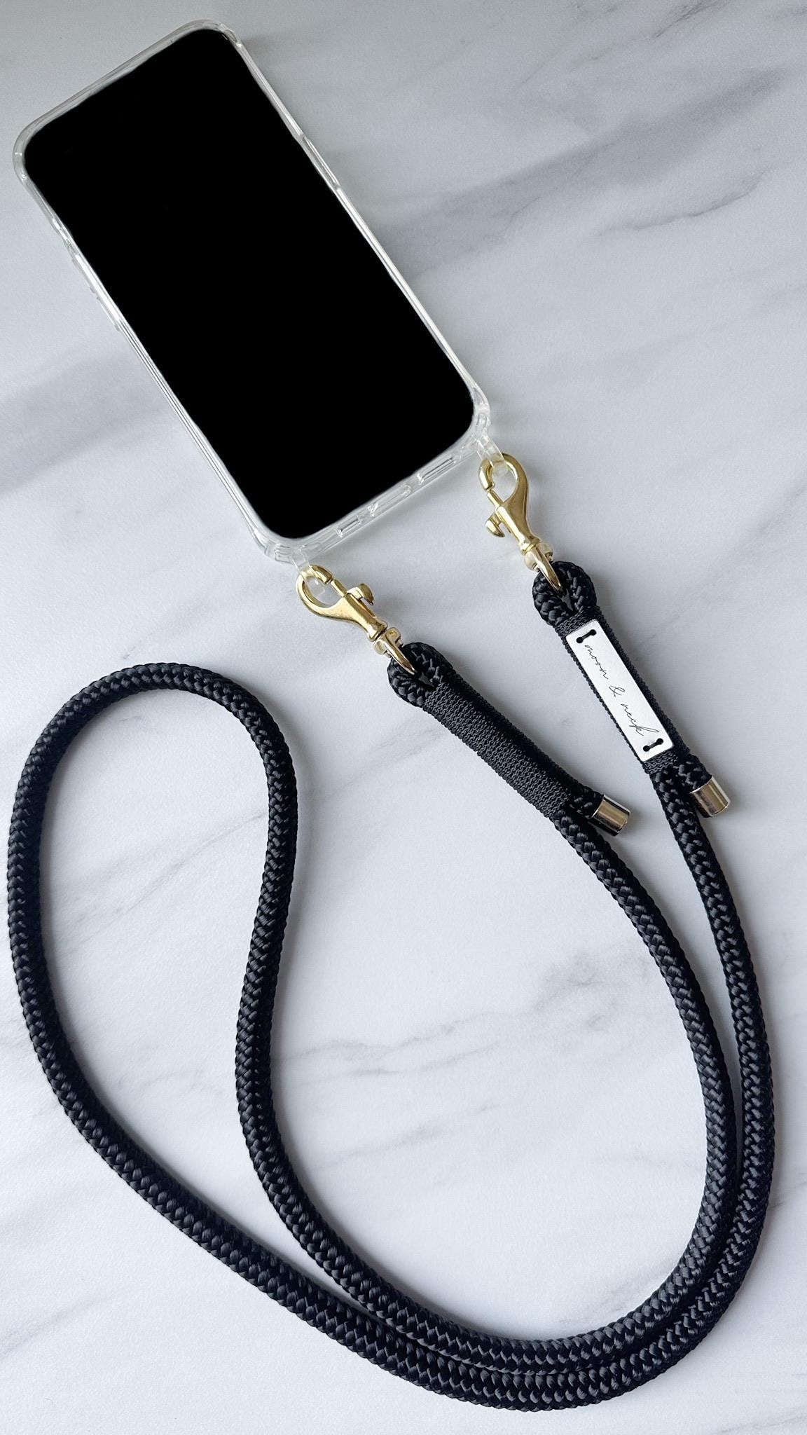 Black mobile phone chain "Basically" with golden carabiners and black wrapping -moon&neck
