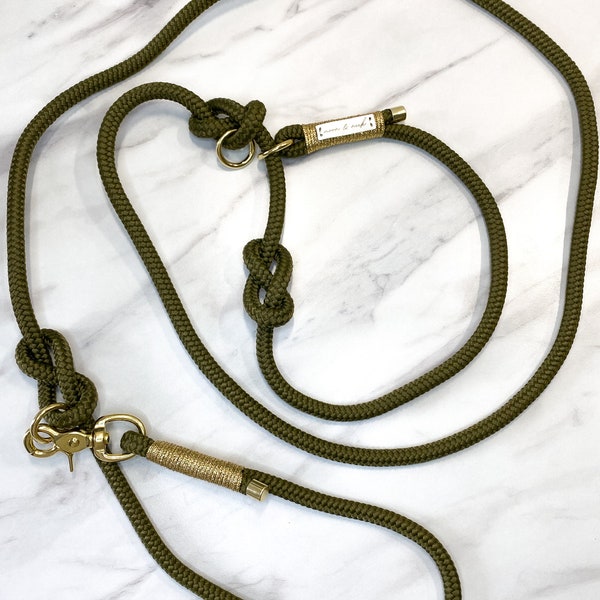 Moxon leash | Retrieverleine "Olive Tree" made of green dew with gold wrapping and gold carabiner - different sizes
