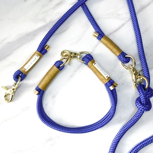 Blue collar/leash set “Zeal” blue with gold leather wrapping and gold carabiner - various sizes