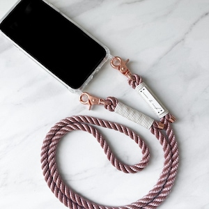 Chaîne pour téléphone portable rose rouille « Rusty » avec mousqueton en or rose et étui pour téléphone portable assorti, différents modèles