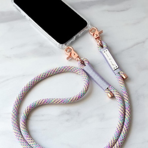 Chaîne de téléphone portable colorée avec mousquetons dorés et emballage beige avec étui de téléphone portable pour iPhone, Samsung, Huawei, Xiaomi, Google
