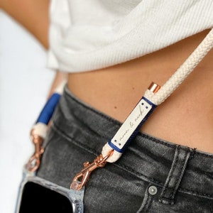 mobile phone chain with rose gold carabiners