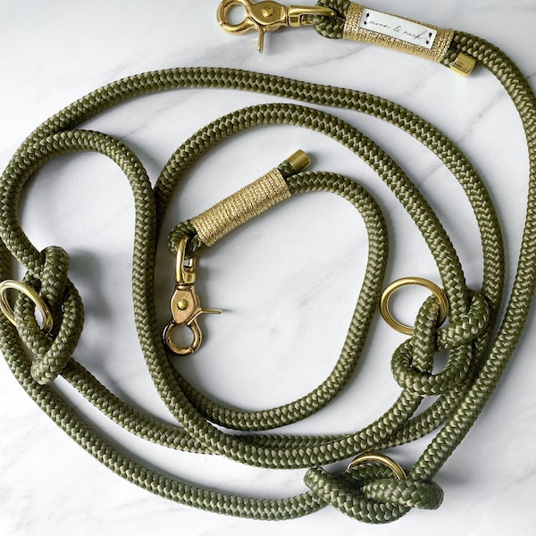 Green leash "Olive Tree" with gold wrapping and gold carabiner - different sizes