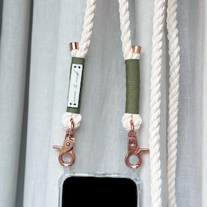Chaîne de téléphone portable crème avec mousqueton en or rose et emballage vert olive avec étui pour téléphone portable Samsung, iPhone, Huawei, Google, Xiaomi