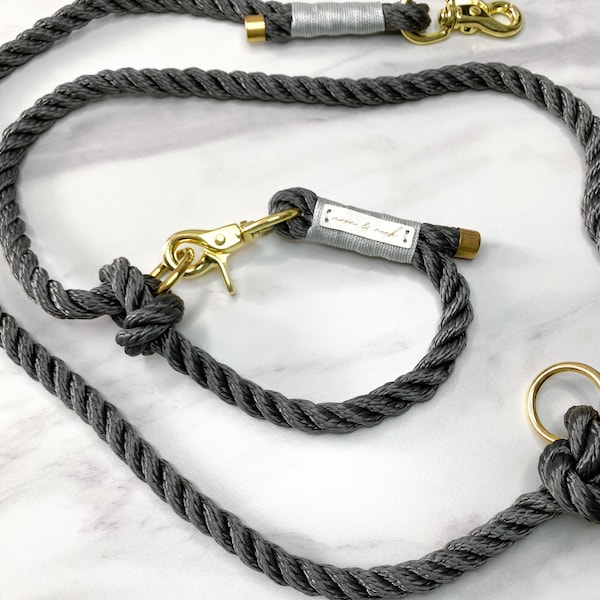 Grey dog leash/leash "Ash" with light grey wrapping and gold carabiner - different sizes selectable