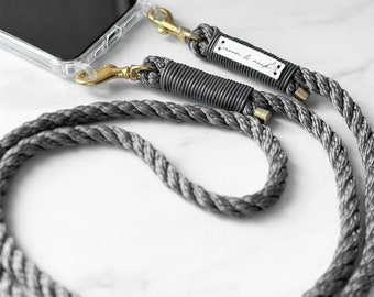 Catena per telefono intercambiabile grigia con custodia trasparente e occhielli per iPhone, Samsung, Huawei, Xiaomi