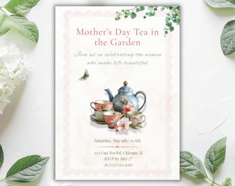 Mother's Day Lunch Invitation Editable Canva Template 5x7 Garden Floral Teacup Theme Elegant Spring Countryside Celebration Printable