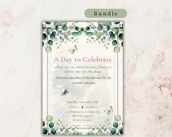 Eucalyptus Baby Shower Party Set Botanical Greenery Butterfly Spring Garden Celebration Editable Canva Template Printable