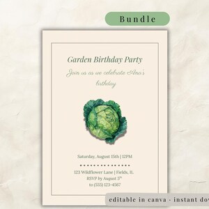 Może przedstawiać: Kremowe zaproszenie z ilustracją zielonej kapusty na przyjęcie urodzinowe w ogrodzie. Tekst zawiera "Garden Birthday Party", "Join us as we celebrate Ana's birthday", datę, godzinę, adres i informacje RSVP. Obecne są również słowa "Bundle" i "editable in canva - instant download".