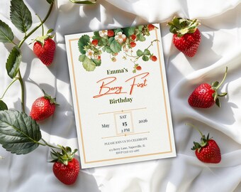 Berry Sweet Birthday Invitation Strawberry Party Editable Canva Template Digital Printable Rustic Farmhouse Girl Boy Kids Birthday Invite