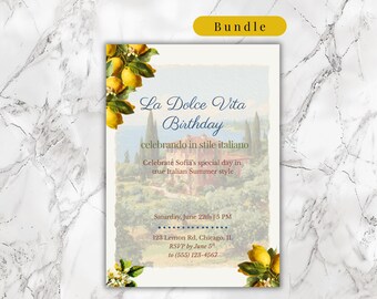 Italian Summer Lemon Birthday Invitation Set Editable Canva Template 5x7 Mediterranean Citrus Dinner Party Printable
