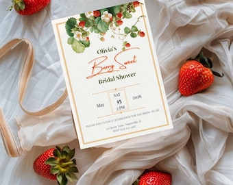 Berry Sweet Bridal Shower Invitation Strawberry Wedding Shower Party Editable Canva Template Digital Printable Rustic Farmhouse Orchard